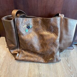 Velez Brown Leather Tote with Textured Leaf Pattern embellished sparkly bees